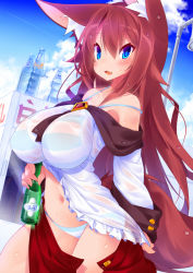 Rule 34 | 1girl, animal ears, bare shoulders, bikini, bikini under clothes, blue eyes, blush, bottle, breasts, brooch, brown hair, clothes pull, cloud, fang, highres, imaizumi kagerou, jewelry, koha, large breasts, long hair, looking at viewer, navel, off shoulder, open clothes, open mouth, see-through, skirt, skirt pull, sky, smile, solo, strap slip, striped bikini, striped clothes, swimsuit, tail, touhou, wet, wolf ears, wolf tail