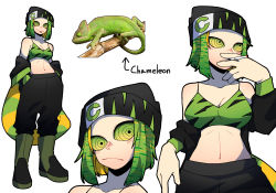 Rule 34 | 1girl, bad id, bad pixiv id, baggy pants, beanie, black headwear, black jacket, black pants, blonde hair, boots, chameleon, chameleon girl, chameleon tail, cigarette, colored inner hair, colored sclera, english text, full body, gomulgong, gradient hair, green eyes, green hair, green legwear, green sclera, hat, highres, jacket, jacket partially removed, lizard tail, looking at viewer, looking away, monster girl, multicolored hair, multiple views, original, pants, personification, reptile girl, ringed eyes, short hair, simple background, smoking, tail, tongue, tongue out, two-tone hair, upper body, white background, yellow eyes, yellow sclera