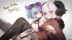 Rule 34 | 2girls, belt, blue hair, breasts, carrying, carrying person, character request, chrisdasa, cleavage, commentary, curled horns, english commentary, halterneck, happy birthday, highres, hood, hoodie, horn ornament, horns, indie virtual youtuber, jewelry, large breasts, looking at another, multiple girls, one eye closed, open mouth, original, princess carry, purple eyes, purple hair, ring, sheep horns, short hair, skindentation, thigh strap, thighhighs, thighs, white background, white hair