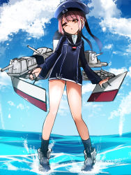 Rule 34 | 10s, 1girl, beret, blue sky, brown eyes, clothes writing, cloud, cloudy sky, day, full body, hat, holding, kantai collection, long sleeves, machinery, military, military uniform, neckerchief, poko (mammypoko), red hair, sailor collar, sailor hat, short hair, sky, solo, turret, uniform, water, z3 max schultz (kancolle)