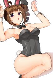 Rule 34 | 1girl, ahoge, animal ears, armpits, arms up, bare legs, black bow, black bowtie, black footwear, black leotard, bow, bowtie, breasts, brown hair, collar, commentary, covered navel, detached collar, drill hair, fake animal ears, fake tail, idolmaster, idolmaster million live!, kamille (vcx68), kneeling, leotard, looking at viewer, medium breasts, medium hair, open mouth, playboy bunny, purple eyes, rabbit ears, rabbit tail, side drill, side ponytail, simple background, solo, strapless, strapless leotard, tail, white background, white collar, wrist cuffs, yokoyama nao
