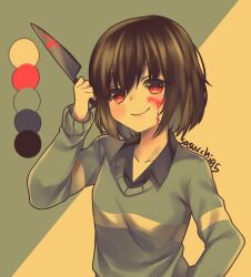 Rule 34 | 1girl, arm up, artist name, blood, blood on face, bloody knife, blush, brown hair, chara (undertale), closed mouth, collarbone, collared shirt, colored skin, commentary, english commentary, genderswap, genderswap (otf), green background, green sweater, holding, holding knife, knife, limited palette, long sleeves, looking at viewer, red eyes, sasucchi95, shirt, short hair, smile, solo, striped clothes, striped sweater, sweater, two-tone background, undertale, upper body, yellow background, yellow skin, yellow sweater