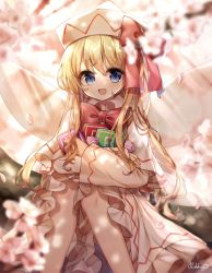 Rule 34 | 1girl, absurdres, artist name, blonde hair, blue eyes, blurry, blurry background, blurry foreground, bow, bowtie, capelet, cherry blossoms, commentary, depth of field, dress, fairy wings, flower, frilled capelet, frilled dress, frilled sleeves, frills, hat, highres, holding, light rays, lily white, long hair, long sleeves, looking at viewer, open mouth, outdoors, petals, power-up, pudding (skymint 028), red bow, red bowtie, signature, smile, solo, sunlight, touhou, translated, white dress, white hat, wide sleeves, wings