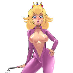 Rule 34 | 1girl, blonde hair, blue eyes, blush, bodysuit, breasts, breasts apart, breasts out, cowboy shot, crown, curvy, d1975, facing viewer, latex, latex suit, lips, lipstick, looking at viewer, makeup, mario (series), medium breasts, nail polish, navel, nintendo, nipples, open clothes, open shirt, pink bodysuit, princess peach, shiny skin, shirt, simple background, standing, super mario bros. 1, sweat, nervous sweating, unzipped, white background, zipper pull tab