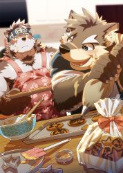 Rule 34 | 2boys, ainu clothes, alternate costume, animal ears, apron, bakery, bara, blush, chest hair, contemporary, cookie, cooking, facial hair, food, food on face, furry, furry male, gift wrapping, grey fur, grey hair, headband, highres, holding, horkeu kamui, large pectorals, male focus, moritaka (housamo), multiple boys, muscular, muscular male, naked apron, pastry, pectoral cleavage, pectorals, pink apron, print apron, rossciaco, scar, scar on face, scar on nose, shop, short hair, sidepec, sparkle, stubble, tail, tokyo houkago summoners, two-tone fur, white fur, wolf boy, wolf ears, wolf tail, yellow eyes