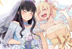 Rule 34 | 2girls, absurdres, bare shoulders, black hair, blonde hair, blush, bob cut, bouquet, bow, braid, breasts, bridal veil, chai haru, choker, cleavage, closed eyes, collarbone, commentary request, detached sleeves, dress, earrings, falling petals, female focus, flower, flower earrings, frilled dress, frills, gloves, hair flower, hair ornament, highres, holding, holding bouquet, inoue takina, interlocked fingers, jewelry, long hair, lycoris recoil, medium breasts, multiple girls, nishikigi chisato, off-shoulder dress, off shoulder, one side up, open mouth, petals, see-through, see-through sleeves, sidelocks, smile, tearing up, teeth, upper teeth only, veil, wedding dress, white choker, white gloves, wife and wife, yellow bow, yellow dress, yuri