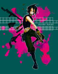 Rule 34 | abs, ahoge, alternate costume, alternate hairstyle, ammunition, ammunition belt, armpits, belt-fed, black hair, blood, blue eyes, boots, calf boots, combat boots, combat knife, danganronpa: trigger happy havoc, danganronpa (series), flat expression, freckles, full body, gloves, green background, green pants, gun, hand tattoo, handgun, highres, holster, holstered, ikusaba mukuro, knife, looking to the side, midriff, midriff peek, muscular, muscular female, one leg raised, pants, pink blood, removing glove, rifle, shell casing, simple background, soldier, standing, standing on one leg, stomach, suppressor, tank top, tattoo, weapon, woman soldier