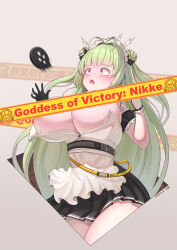 Rule 34 | 1girl, accidental exposure, antenna hair, apron, arm garter, black skirt, blush, breasts, bursting breasts, censored nipples, chest strap, cleavage, convenient censoring, detached collar, double bun, dress, flying button, garter belt, gloves, goddess of victory: nikke, green hair, green necktie, hair bun, hair ornament, hairclip, highres, large breasts, long hair, maid, maid apron, maid headdress, mop, necktie, open mouth, purple eyes, shoes, short necktie, simple background, sitting, skirt, sleeveless, sleeveless dress, soda (nikke), solo, thighhighs, thighs, user xcnt3274, wardrobe malfunction, white apron, white gloves, white thighhighs