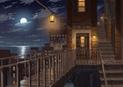 Rule 34 | absurdres, ame246, building, cityscape, cloud, commentary request, door, fence, full moon, highres, lamp, light, moon, moonlight, night, night sky, no humans, ocean, original, scenery, sign, sky, stairs, stone stairs, town, window