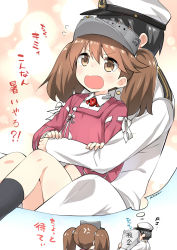 Rule 34 | 10s, 1boy, 1girl, absurdres, admiral (kancolle), anger vein, black hair, brown eyes, brown hair, commentary request, flying sweatdrops, hat, hetero, highres, hug, hug from behind, imagining, japanese clothes, kantai collection, kariginu, long hair, magatama, open mouth, peaked cap, ryuki (ryukisukune), ryuujou (kancolle), sitting, sitting on person, translation request, twintails, visor cap