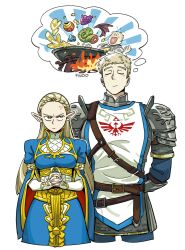 Rule 34 | 1boy, 1girl, absurdres, alternate costume, anger vein, angry, armor, arms behind back, artist name, belt, blonde hair, blue dress, blush, braid, brown belt, closed eyes, closed mouth, commentary, cooking, cosplay, crossover, crown braid, dress, dungeon meshi, elf, english commentary, findoworld, forehead, gold trim, green eyes, highres, imagining, laios touden, link, link (cosplay), long hair, looking at another, marcille donato, nintendo, own hands together, pauldrons, pointy ears, princess zelda, princess zelda (cosplay), shoulder armor, smile, soldier&#039;s set (zelda), the legend of zelda, the legend of zelda: breath of the wild, triforce print
