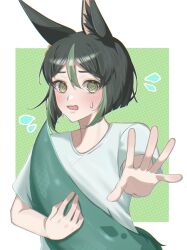 Rule 34 | 1boy, @ @, alternate costume, animal ear fluff, animal ears, black hair, blush, border, commentary, earrings, flying sweatdrops, fox boy, fox ears, fox tail, genshin impact, green background, green eyes, green hair, highres, jewelry, looking at viewer, male focus, multicolored hair, papipipi71, reaching, reaching towards viewer, shirt, simple background, single earring, solo, sweat, sweatdrop, tail, tighnari (genshin impact), white border, white shirt