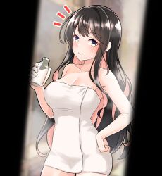 Rule 34 | 1girl, after bathing, black hair, bottle, breasts, cleavage, colored inner hair, furaggu (frag 0416), highres, holding, holding bottle, kantai collection, large breasts, long hair, milk bottle, multicolored hair, naganami (kancolle), naked towel, pink hair, solo, towel, two-tone hair, wavy hair, white towel, yellow eyes