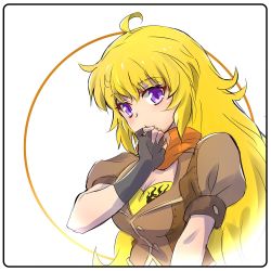 Rule 34 | 1girl, ahoge, blonde hair, breasts, cleavage, fingerless gloves, gloves, hands on own chin, iesupa, purple eyes, rwby, solo, yang xiao long