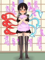 Rule 34 | 1girl, asymmetrical wings, black hair, blush, chin (motio7201), female focus, heart, houjuu nue, indoors, no panties, pillow, pointy ears, red eyes, solo, standing, sweat, text focus, thighhighs, touhou, translated, wings, yes-no pillow