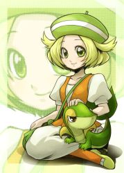 Rule 34 | 1girl, aino yumeri, animal on leg, bag, bianca (pokemon), blonde hair, breasts, closed mouth, commentary request, creatures (company), full body, game freak, gen 3 pokemon, gen 5 pokemon, green eyes, green hat, hand on head, handbag, hat, looking at viewer, nintendo, orange pantyhose, pantyhose, pokemon, pokemon (creature), pokemon bw, shoes, short hair, short sleeves, sitting, smile, snivy, yellow footwear, zoom layer