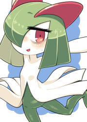 Rule 34 | arms up, bags under eyes, blue background, blush, colored skin, creatures (company), game freak, gen 3 pokemon, green hair, hair over one eye, highres, horns, ino (tellu0120), kirlia, looking at viewer, multicolored skin, nintendo, open mouth, pink eyes, pokemon, pokemon (creature), sidelocks, simple background, sweatdrop, two-tone skin, white skin