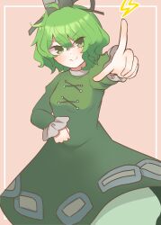 Rule 34 | 1girl, absurdres, black hat, closed mouth, commentary request, cross-laced clothes, dress, green dress, green eyes, green hair, hat, highres, lightning bolt symbol, looking at viewer, pink background, pointing, short hair, simple background, smile, soga no tojiko, solo, takana (forsterite), tate eboshi, touhou, v-shaped eyebrows