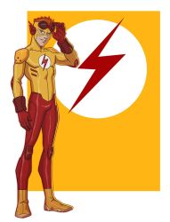 Rule 34 | 1boy, bodysuit, boots, dc comics, formal, gloves, goggles, green eyes, highres, jerome-k-moore, jpeg artifacts, kid flash, knee pads, looking at viewer, male focus, red gloves, red goggles, red hair, red legwear, shoulder pads, smile, suit, superhero costume, wally west, yellow bodysuit, yellow footwear, young justice
