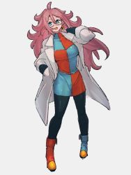 Rule 34 | 1girl, :d, android 21, asymmetrical footwear, blue eyes, blue footwear, boots, breasts, checkered clothes, checkered dress, dragon ball, dragon ball fighterz, dress, earrings, full body, glasses, grey background, hand in pocket, jewelry, kemachiku, lab coat, large breasts, long hair, long sleeves, looking at viewer, mismatched footwear, open mouth, red footwear, red hair, simple background, smile, solo, standing