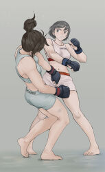 Rule 34 | 1girl, absurdres, catfight, gloves, highres, imo cyber, mixed martial arts, original, punching, short hair, shorts, sports bra, unconscious
