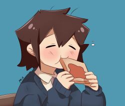 Rule 34 | 1girl, :t, absurdres, amelia lee, artist name, blue background, blue cardigan, blush, bread, bread slice, brown hair, cardigan, closed eyes, closed mouth, collared shirt, eating, food, grey necktie, hair between eyes, highres, holding, holding food, i love amy, long sleeves, necktie, portrait, rufus-pandam, shirt, short hair, sidelocks, simple background, solo, toast, white shirt