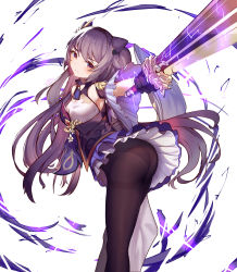 Rule 34 | 1girl, absurdres, ass, bare shoulders, bent over, black pantyhose, breasts, collared shirt, cone hair bun, detached sleeves, dress, energy, facing to the side, foreshortening, frills, genshin impact, gloves, hair bun, hair ornament, highres, holding, holding weapon, keqing (genshin impact), lightning, long hair, looking at viewer, medium breasts, mirrorya, pantyhose, purple eyes, purple hair, shirt, sidelocks, simple background, solo, sword, twintails, weapon, white background