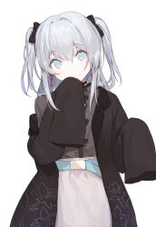 Rule 34 | 1girl, belt, black bow, black jacket, black ribbon, blue belt, blue eyes, bow, character request, closed mouth, copyright request, cowboy shot, fifuth, floral print, grey hair, grey shirt, hair bow, hand up, head tilt, highres, jacket, light smile, long hair, long sleeves, looking at viewer, neck ribbon, no pupils, ribbon, shirt, simple background, skirt, sleeves past fingers, sleeves past wrists, solo, two side up, white background, white skirt