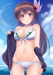 Rule 34 | 1girl, bikini, bikini under clothes, blue sky, breasts, brown hair, cloud, collarbone, cowboy shot, crescent, crescent pin, day, gluteal fold, groin, hair ornament, highres, jacket, kantai collection, kisaragi (kancolle), kisaragi kai ni (kancolle), long hair, looking at viewer, medium breasts, minakami mimimi, navel, ocean, outdoors, purple eyes, side-tie bikini bottom, sky, solo, swimsuit, swimsuit under clothes