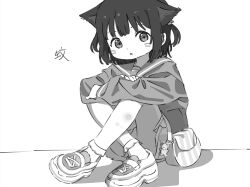 Rule 34 | 1girl, animal ears, arms on knees, bag, borrowed character, cat ears, crossed ankles, crossed arms, ears down, facial mark, greyscale, highres, knees up, long sleeves, looking at viewer, monochrome, open mouth, original, piezo, pleated skirt, school uniform, serafuku, shipi-chan, shoes, short hair, shoulder bag, simple background, sitting, skirt, sneakers, socks, solo, translation request, two side up, upskirt, whisker markings