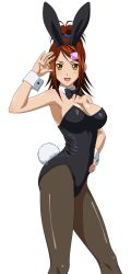 Rule 34 | 00s, 1girl, animal ears, armpits, bachou mouki, bare shoulders, black pantyhose, breasts, brown hair, cleavage, costume, fake animal ears, hair ornament, hair scrunchie, hand on own hip, high ponytail, highres, ikkitousen, large breasts, leotard, looking at viewer, open mouth, pantyhose, playboy bunny, rabbit ears, scrunchie, shiny clothes, sideboob, simple background, solo, strapless, strapless leotard, white background, yellow eyes
