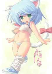 Rule 34 | 1girl, :o, animal ears, arms behind back, bare arms, bare shoulders, blue footwear, blue hair, blush, bow, cat ears, cat tail, catsister (elona), covered erect nipples, crop top, dot nose, elona, eyes visible through hair, facing away, fang, full body, green eyes, groin, hair between eyes, heart, knees together feet apart, kourourin, leg up, leg warmers, lowleg, lowleg panties, midriff, multicolored clothes, multicolored panties, navel, necktie, no bra, open mouth, panties, pink bow, pink necktie, raised eyebrows, running, shiny skin, shirt, shoes, sidelocks, sleeveless, sleeveless shirt, sneakers, solo, stomach, striped clothes, striped panties, tail, tail bow, tail ornament, tareme, underwear, white legwear, white shirt