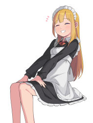 Rule 34 | 1girl, ^ ^, blonde hair, blunt bangs, closed eyes, facing viewer, grin, hands on own knees, highres, long hair, long sleeves, maid, maid headdress, original, saiste, simple background, smile, solo, white background