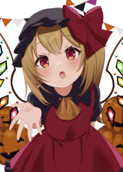 Rule 34 | 1girl, :o, alternate color, ascot, bat wings, black collar, black hat, black shirt, blonde hair, blush, bow, collar, commentary request, cowboy shot, crystal, eyelashes, facing viewer, flandre scarlet, frilled collar, frilled skirt, frills, hair bow, halloween, hand up, hat, highres, kamachi (kamati0maru), long hair, looking at viewer, mob cap, open hand, open mouth, puffy short sleeves, puffy sleeves, pumpkin, rainbow order, red bow, red eyes, red skirt, red vest, shirt, short sleeves, side ponytail, simple background, skirt, standing, straight-on, touhou, vest, white background, wings, yellow ascot