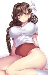 1girl :o blush braid breasts brown_hair buruma commentary_request gym_uniform hair_ornament hair_over_shoulder highres kanpani_girls large_breasts long_hair mole mole_under_eye red_buruma revision senri_gan shirayuri_sakura short_sleeves simple_background single_braid sitting socks solo wariza white_background yellow_eyes