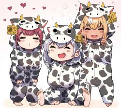Rule 34 | 3girls, :d, = =, animal costume, animal print, barefoot, blonde hair, breasts, closed eyes, cow costume, cow print, double v, ear tag, facing viewer, highres, hololive, houshou marine, large breasts, leaning forward, long sleeves, mikan (chipstar182), multiple girls, o3o, open mouth, pajamas, red hair, shiranui flare, shirogane noel, smile, soles, v, virtual youtuber