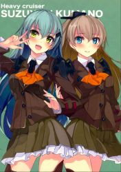 Rule 34 | 2girls, absurdres, aqua hair, blue eyes, blush, brown hair, buttons, character name, fingernails, green background, green eyes, hair ornament, hairclip, highres, kantai collection, kumano (kancolle), long hair, long sleeves, looking at viewer, multiple girls, open mouth, parted lips, pleated skirt, scan, shirokitsune, simple background, skirt, smile, suzuya (kancolle), thighhighs, uniform