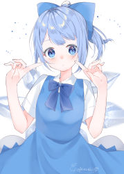 Rule 34 | 1girl, abe suke, absurdres, blue bow, blue dress, blue eyes, blue hair, blush, bow, cirno, collared shirt, commentary request, dress, dress shirt, fingernails, hair bow, hands up, high ponytail, highres, parted lips, ponytail, shirt, short sleeves, signature, sleeveless, sleeveless dress, solo, touhou, white shirt