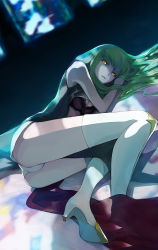 Rule 34 | 00s, 1girl, ass, bad id, bad pixiv id, boots, bra, breasts, c.c., church, cleavage, code geass, glowing, glowing eyes, green hair, high heels, legs, lingerie, lips, long hair, lying, on side, open clothes, open shirt, pale skin, pyon-kichi, shirt, shoes, solo, thigh boots, thighhighs, thighs, underwear, yellow eyes