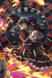 Rule 34 | 1girl, black hair, card, celestia ludenberg, claw ring, coin, danganronpa (series), drill hair, earrings, fire, gothic lolita, hairband, highres, jewelry, knife, lolita fashion, lolita hairband, looking back, playing card, poker chip, qosic, red eyes, roulette, solo, twin drills