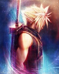 Rule 34 | 1boy, artist name, black shirt, blonde hair, blue background, buster sword, cloud strife, commentary, english commentary, final fantasy, final fantasy vii, final fantasy vii remake, from side, highres, instagram username, looking away, male focus, muscular, muscular male, orange background, over shoulder, ribbed sweater, shirt, signature, sleeveless, sleeveless sweater, sleeveless turtleneck, solo, sparkle, spiked hair, square enix, sweater, sword, sword over shoulder, turtleneck, turtleneck sweater, tylor hepner, upper body, watermark, weapon, weapon over shoulder, weight belt