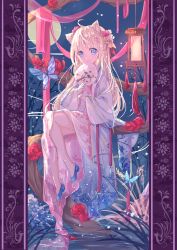 Rule 34 | 1girl, absurdres, ahoge, animal ear fluff, animal ears, blonde hair, blue eyes, blue footwear, blush, branch, bug, butterfly, cat ears, closed mouth, commentary request, dress, floral print, flower, full moon, hair flower, hair ornament, hand fan, highres, holding, holding fan, bug, lantern, long hair, long sleeves, looking at viewer, moon, open clothes, original, paper fan, peas (peas0125), pink flower, print dress, red flower, red ribbon, red rose, ribbon, rose, shoes, sitting, smile, solo, uchiwa, very long hair, water, white dress, white flower, wide sleeves