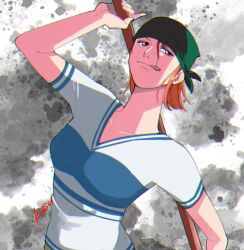 Rule 34 | 1girl, arm up, bandana, blood, blood on face, breasts, eyelashes, gradient background, holding, holding staff, holding weapon, kasuga akira, licking, licking lips, looking to the side, medium breasts, nami (one piece), one piece, orange hair, roronoa zoro, shirt, short hair, short sleeves, signature, solo, solo focus, staff, striped clothes, tagme, tongue, tongue out, weapon