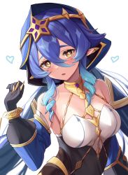 Rule 34 | 1girl, bare shoulders, black gloves, blue hair, blush, breasts, detached sleeves, drill hair, drill sidelocks, genshin impact, gloves, gold trim, hair between eyes, head tilt, highres, hood, layla (genshin impact), long hair, looking at viewer, low twintails, parted lips, pointy ears, sera narumu, sidelocks, small breasts, solo, twintails, very long hair