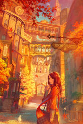 Rule 34 | 1girl, arm at side, autumn, bag, blue sky, blush, brick floor, building, bush, cat, clear sky, clock, clock tower, falling leaves, fantasy, handbag, kaitan, leaf, lips, long hair, long sleeves, looking at viewer, mixed-language commentary, moon, original, pants, red hair, red scarf, red shirt, scarf, scenery, shirt, sidelocks, sky, solo, stairs, standing, tower, town, tree, white cat, yellow eyes