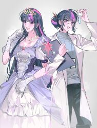 Rule 34 | 2girls, arm up, belt, blue shirt, blunt bangs, breasts, cleavage, clipboard, coat, collarbone, colored skin, crown, dress, dual persona, earrings, flask, frilled dress, frills, glasses, gloves, grey background, hair bun, hair down, hand up, hands up, head tilt, highres, holding, jewelry, lab coat, long hair, looking at object, looking at viewer, looking to the side, m omoo, multicolored hair, multiple girls, my little pony, my little pony: equestria girls, my little pony: friendship is magic, name tag, necklace, open clothes, open coat, pants, parted lips, pearl necklace, pen, pen in hair, puffy short sleeves, puffy sleeves, purple dress, purple eyes, purple hair, purple skin, sci-twi, shirt, short sleeves, simple background, single earring, smile, standing, twilight sparkle, wavy hair, white gloves