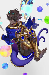 Rule 34 | 1boy, absurdres, arjuna (fate), arjuna alter (fate), armlet, armor, barefoot, black eyes, black hair, black shorts, blue horns, dark-skinned male, dark skin, expressionless, fate/grand order, fate (series), floating, full body, glowing horns, gold armor, highres, horns, indian clothes, knees up, male focus, orb, short hair, shorts, simple background, sin (btc86amme), solo, spiked armor, toes, vambraces, very dark skin