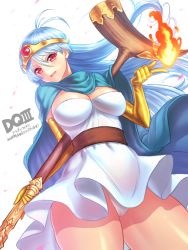 Rule 34 | 1girl, blue eyes, blue hair, boots, breasts, cape, circlet, cleavage, dragon quest, dragon quest iii, dress, elbow gloves, fire, gloves, large breasts, long hair, matching hair/eyes, panties, red eyes, sage (dq3), short dress, smile, solo, staff, underwear, yapo (croquis side)