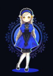 Rule 34 | 1girl, absurdres, black background, black footwear, black gloves, black shorts, blonde hair, blue dress, blue hairband, breasts, butterfly hair ornament, closed mouth, dress, elbow gloves, frilled hairband, frilled shorts, frills, full body, gloves, hair ornament, hairband, highres, lavenza (persona 5), long hair, looking at viewer, medium breasts, offbeat, own hands together, persona, persona 5, puffy short sleeves, puffy sleeves, short sleeves, shorts, shorts under dress, smile, socks, solo, swept bangs, velvet room, very long hair, white socks, yellow eyes