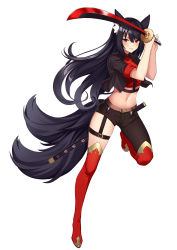 Rule 34 | 1girl, absurdres, animal ear fluff, animal ears, belt, black hair, black jacket, black shorts, black thighhighs, boots, commission, crop top, cropped jacket, full body, highres, holding, holding sword, holding weapon, jacket, katana, leg up, long hair, looking at viewer, midriff, multiple tails, navel, open clothes, open jacket, original, red eyes, red footwear, red shirt, rifqiaji, shirt, short shorts, shorts, single leg pantyhose, smile, solo, stomach, sword, tail, thigh boots, thigh strap, thighhighs, two tails, weapon, wolf ears, wolf girl, wolf tail